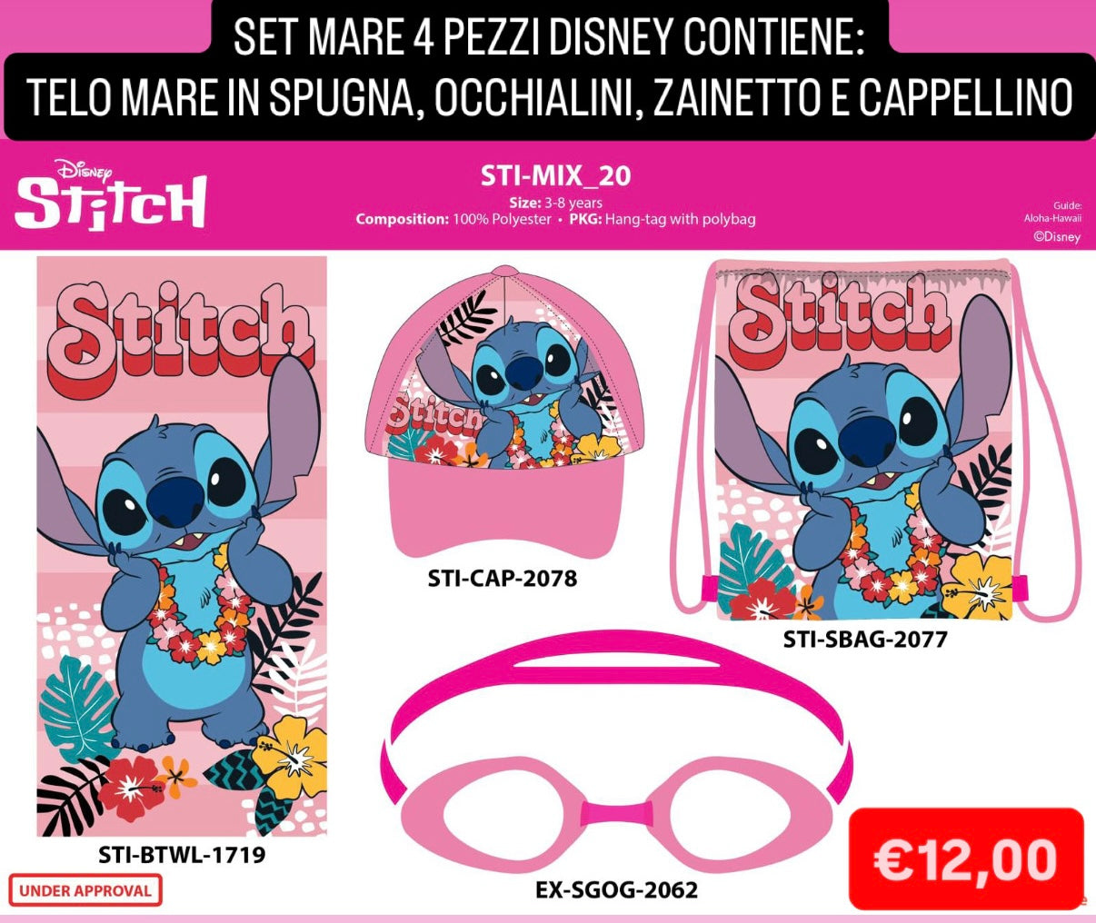 SET MARE BIMBO/A 4 PEZZI contiene Telo mare in spugna, Occhialini, Zainetto e Capellino