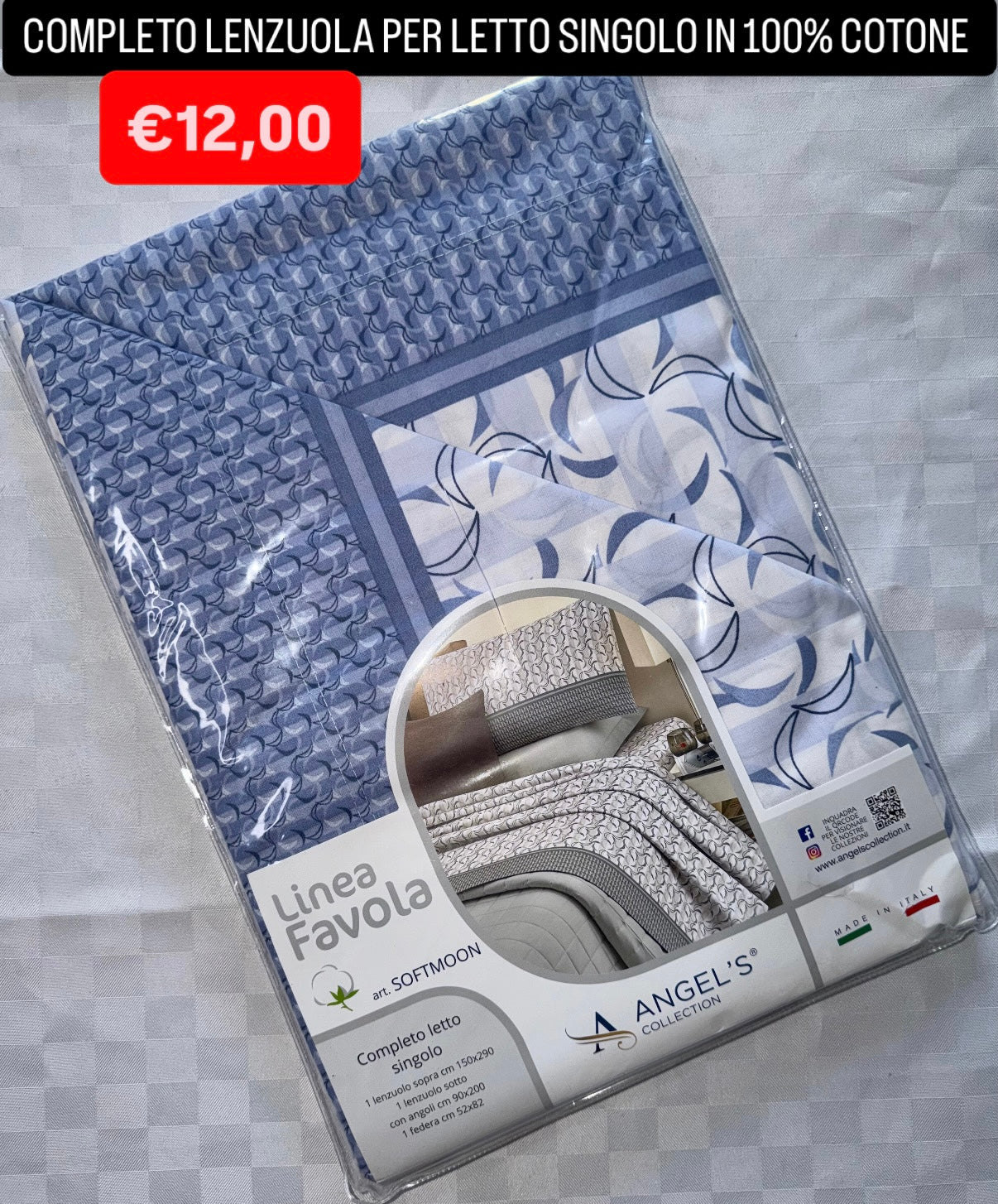 COMPLETO LENZUOLA SINGOLO IN 100% COTONE Lenzuolo sopra,Lenzuolo sotto con angoli e Federa
