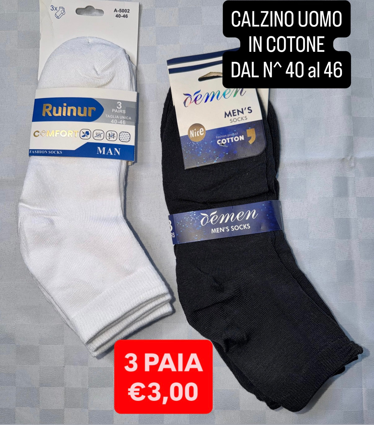 CALZINO UOMO IN COTONE CONFEZIONE DA 3 PAIA dal numero 40 al 46