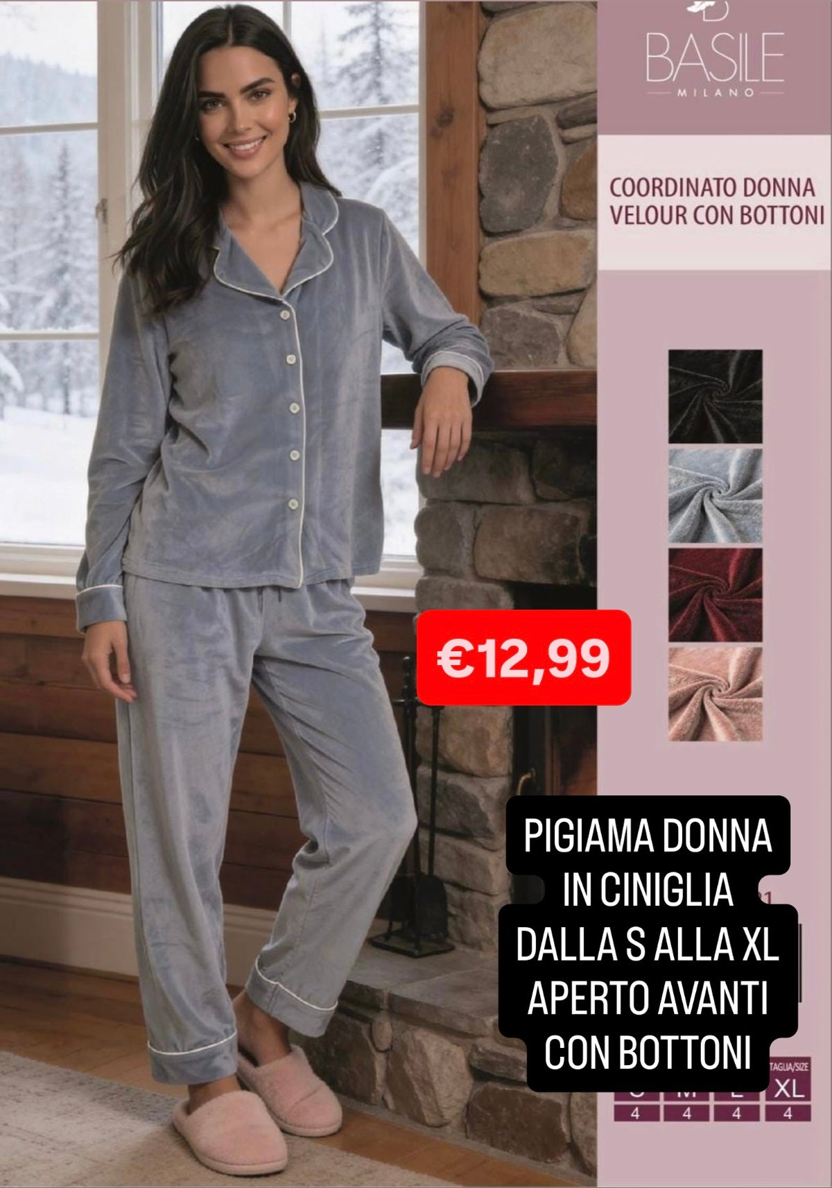 PIGIAMA DONNA IN CINIGLIA Manica lunga e Pantalone lungo aperto avanti con bottoni