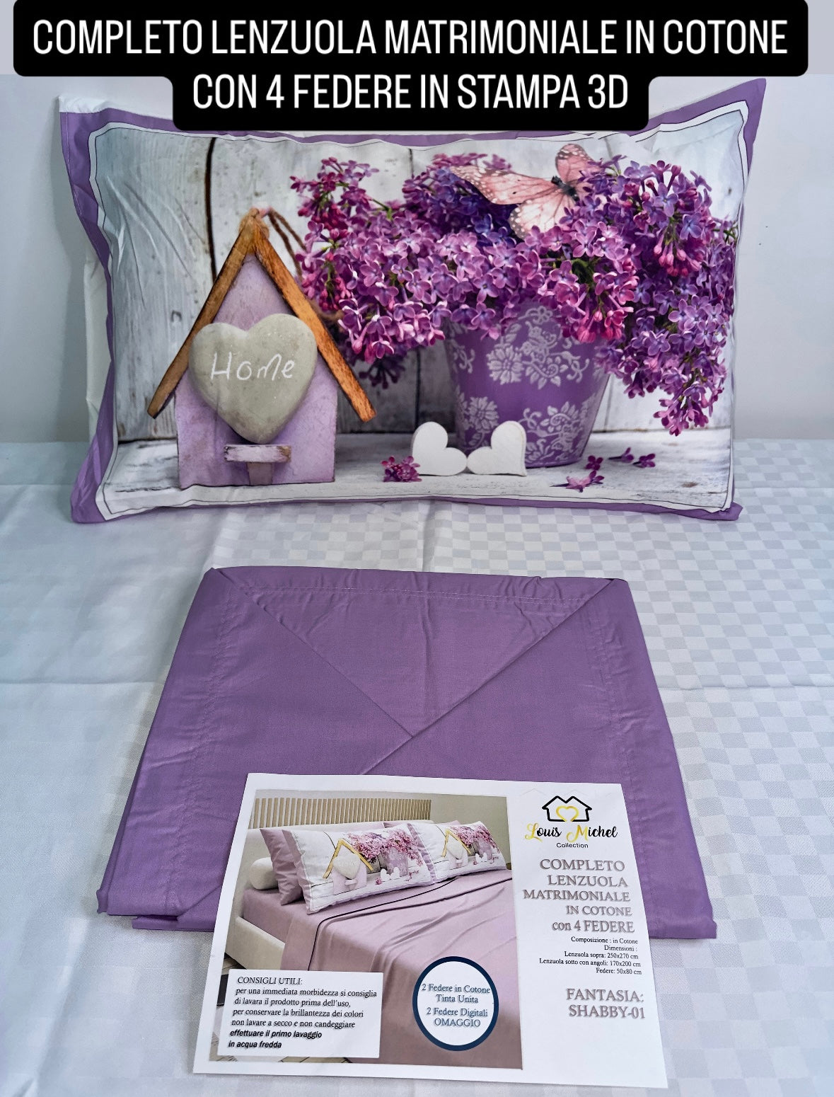 COMPLETO LENZUOLA MATRIMONIALE IN COTONE, LENZUOLO SOPRA, LENZUOLO SOTTO E 4 FEDERE IN STAMPA 3D