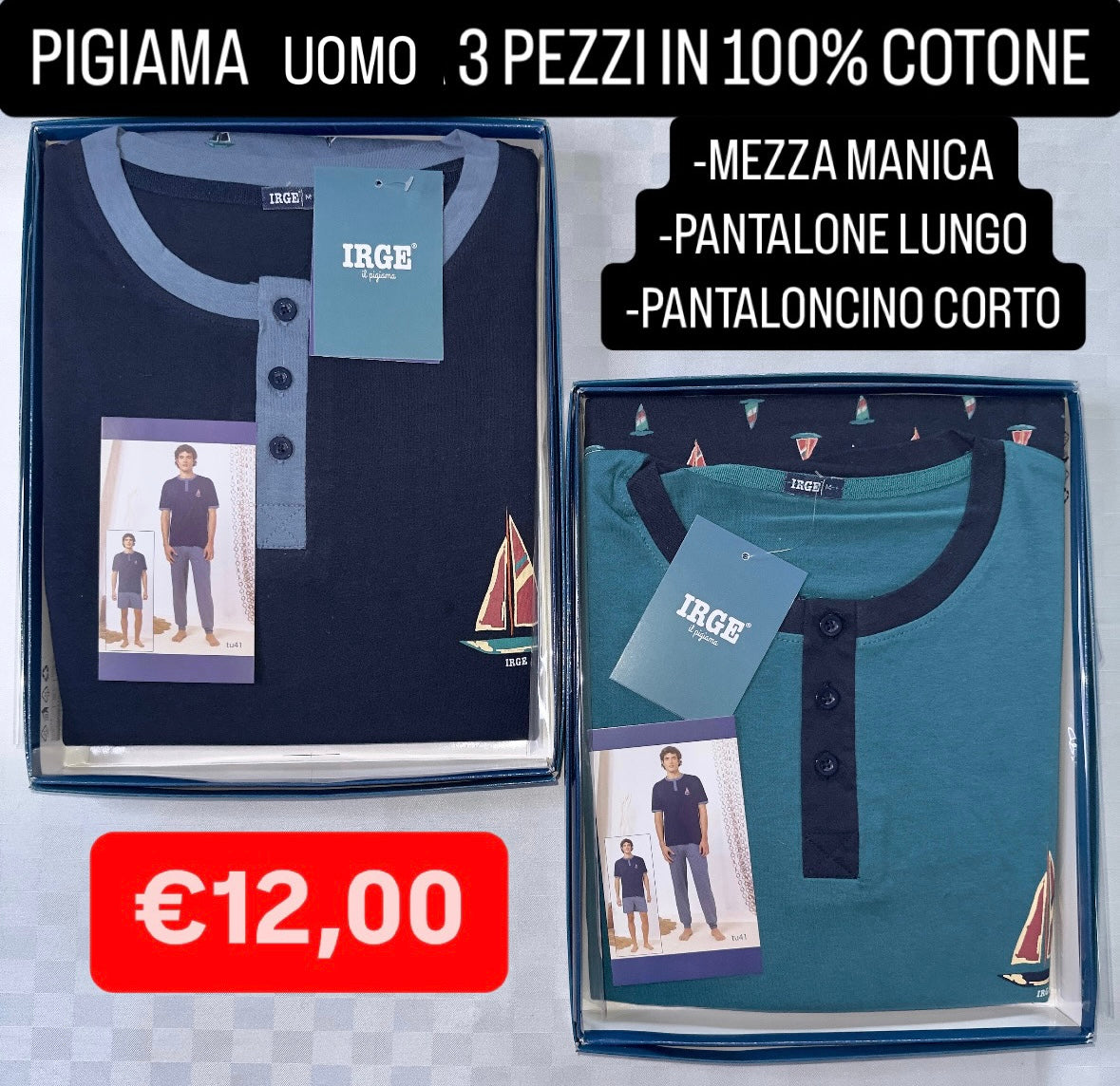 PIGIAMA UOMO 3 PEZZI IN 100% COTONE Maglia mezza manica, Pantalone lungo e Pantaloncino corto