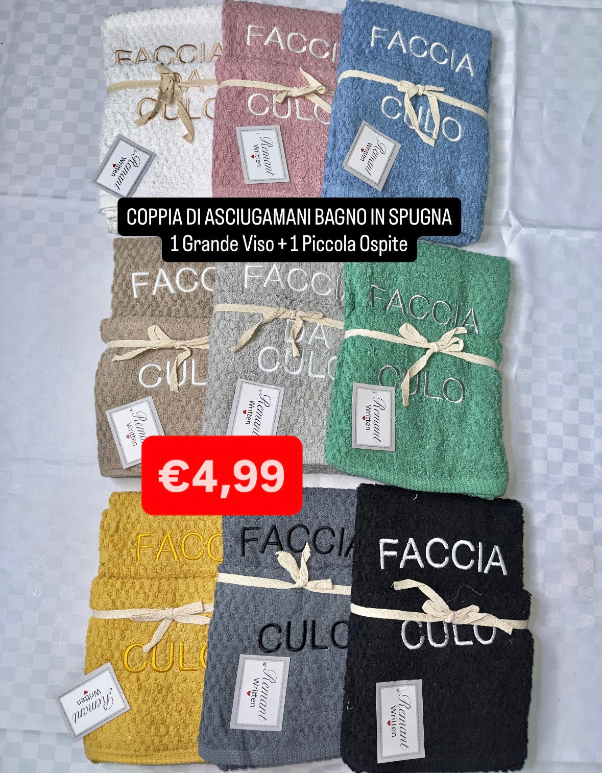 COPPIA ASCIUGAMANI BAGNO IN SPUGNA contiene 1 Grande Viso + 1 Piccola Ospite