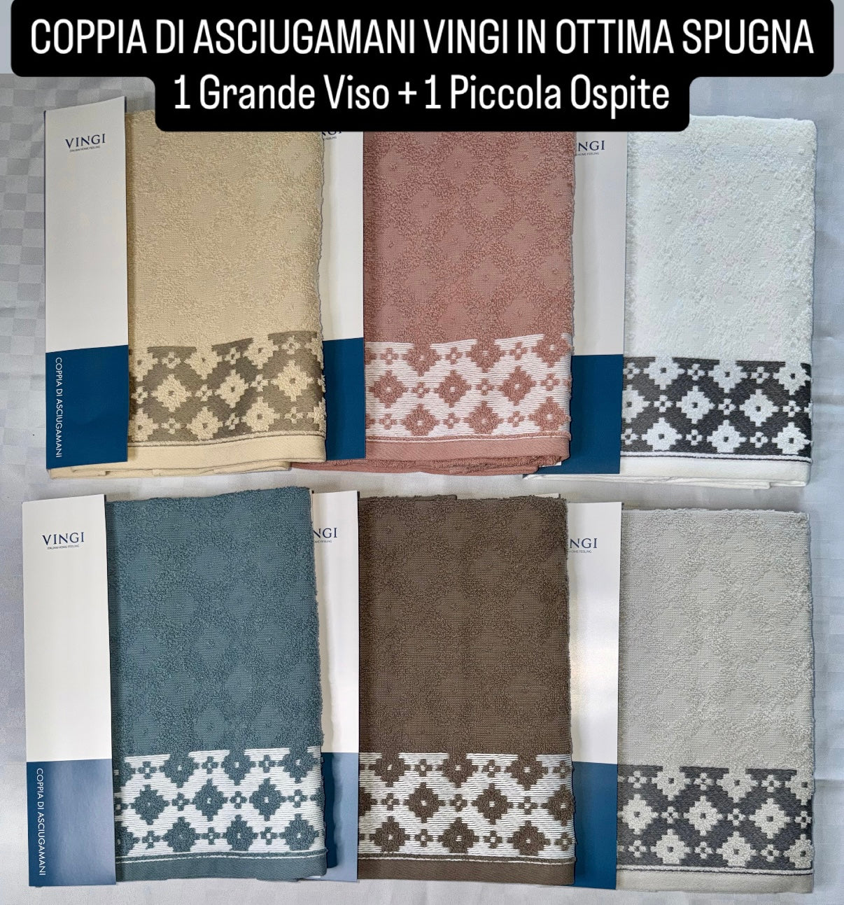 COPPIA DI ASCIUGAMANI VINGI IN OTTIMA SPUGNA contiene 1 Grande Viso + 1 Piccola Ospite