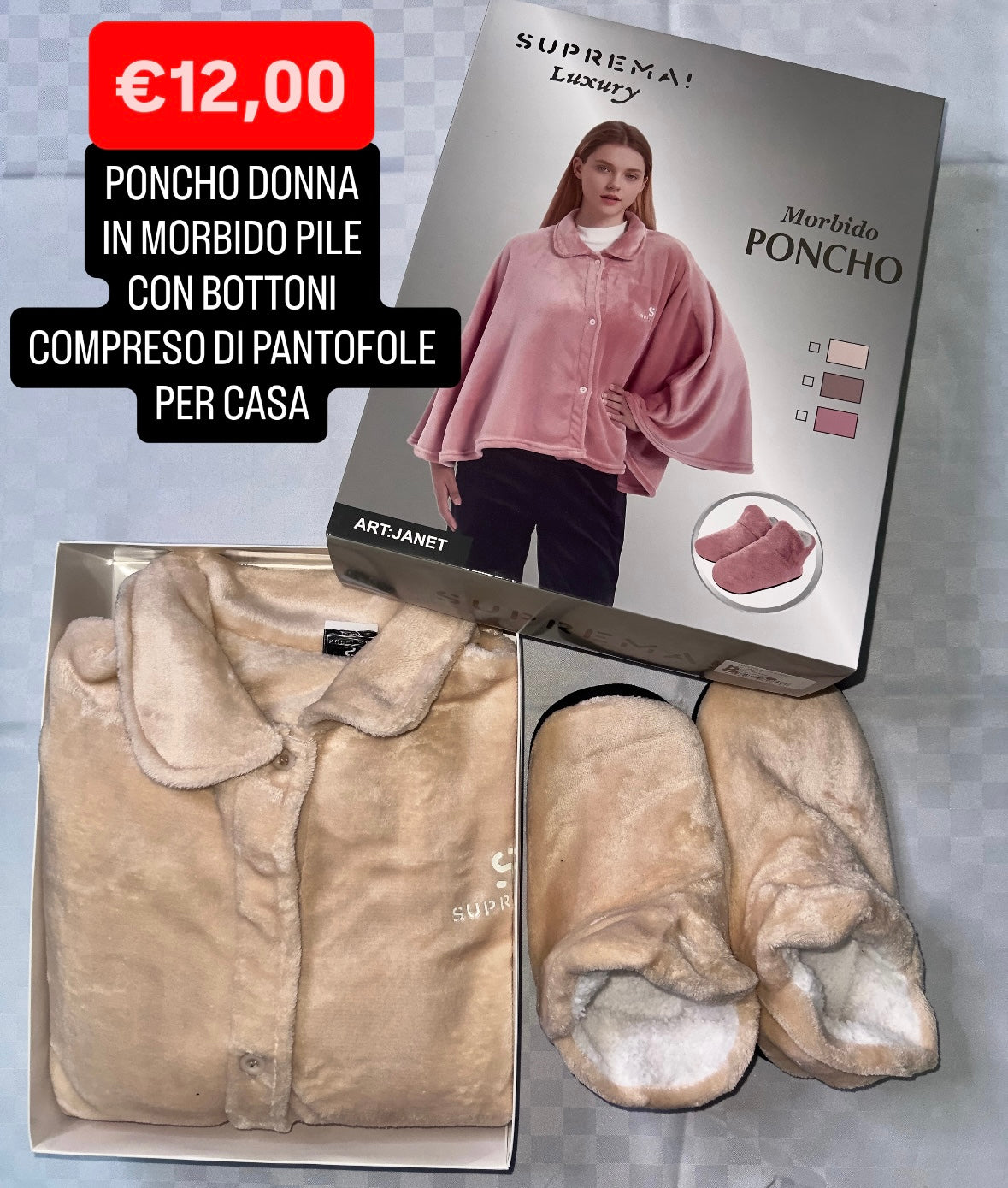 PONCHO DONNA IN MORBIDO PILE CON PANTOFOLE PER CASA (Taglia unica calza fino ad una XXL)
