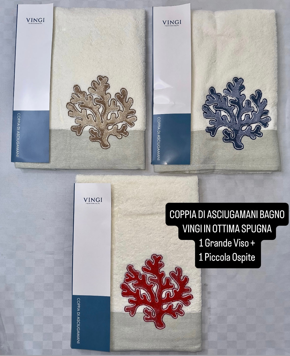 COPPIA ASCIUGAMANI BAGNO VINGI IN SPUGNA 1 Grande Viso + 1 Piccola Ospite