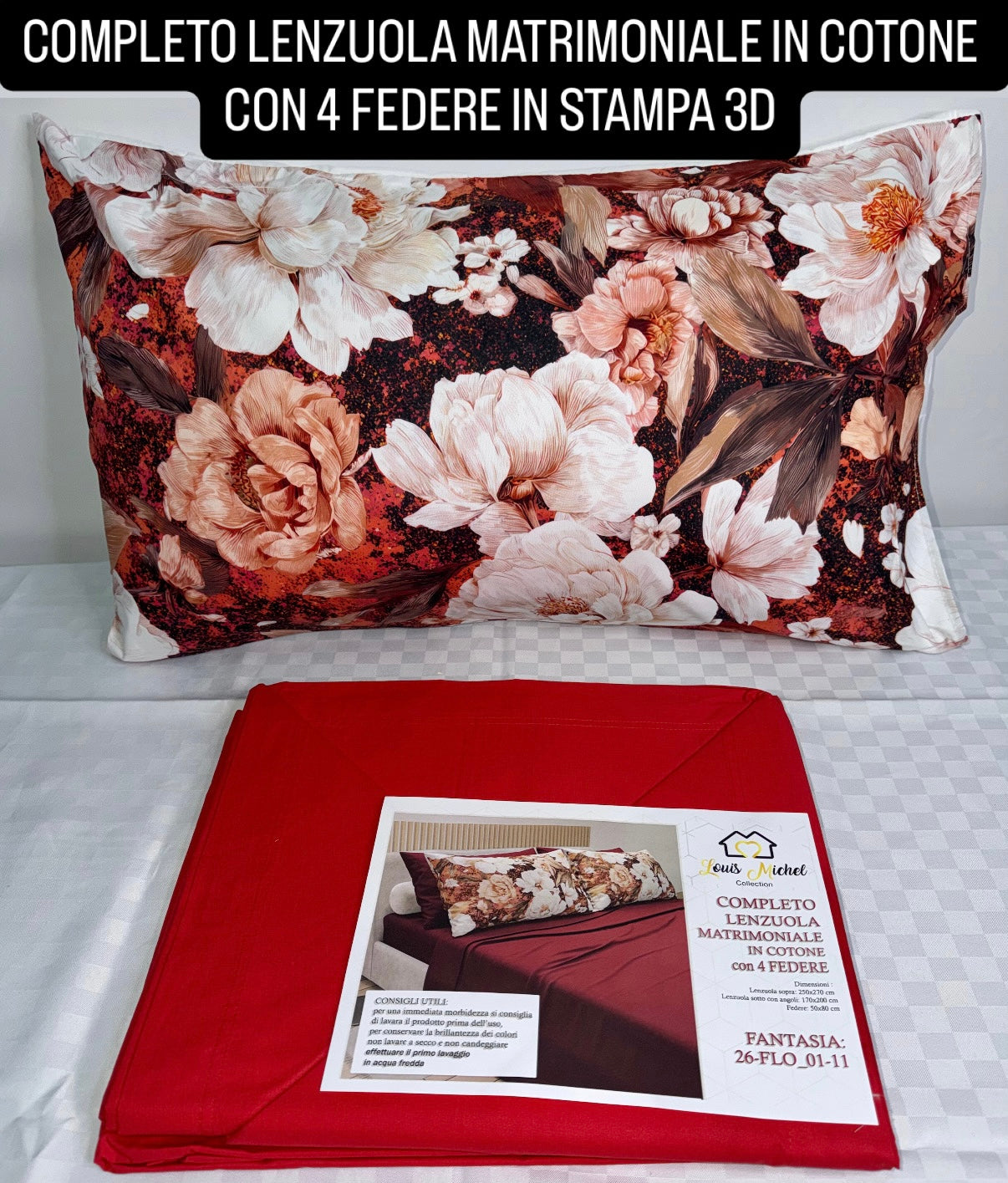 COMPLETO LENZUOLA MATRIMONIALE IN COTONE contiene LENZUOLO SOPRA, LENZUOLO SOTTO E 4 FEDERE IN STAMPA 3D