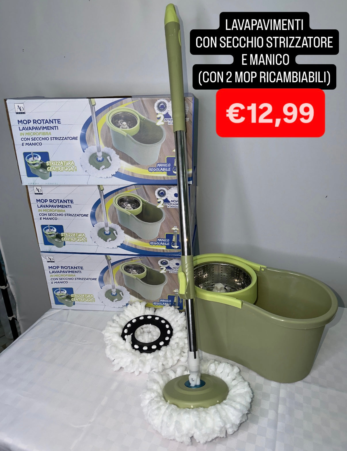 LAVAPAVIMENTI CON SECCHIO STRIZZATORE E MANICO comprende anche 2 MOP INTERCAMBIABILI