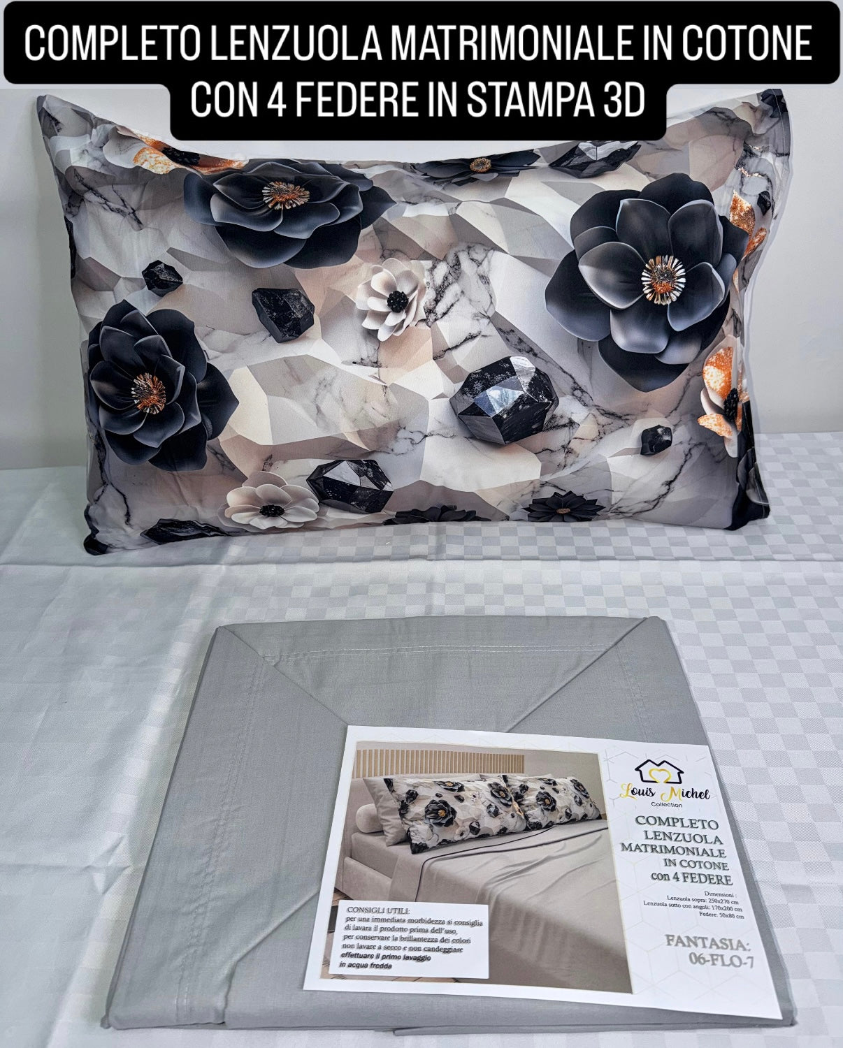COMPLETO LENZUOLA MATRIMONIALE IN COTONE contiene LENZUOLO SOPRA, LENZUOLO SOTTO E 4 FEDERE IN STAMPA 3D