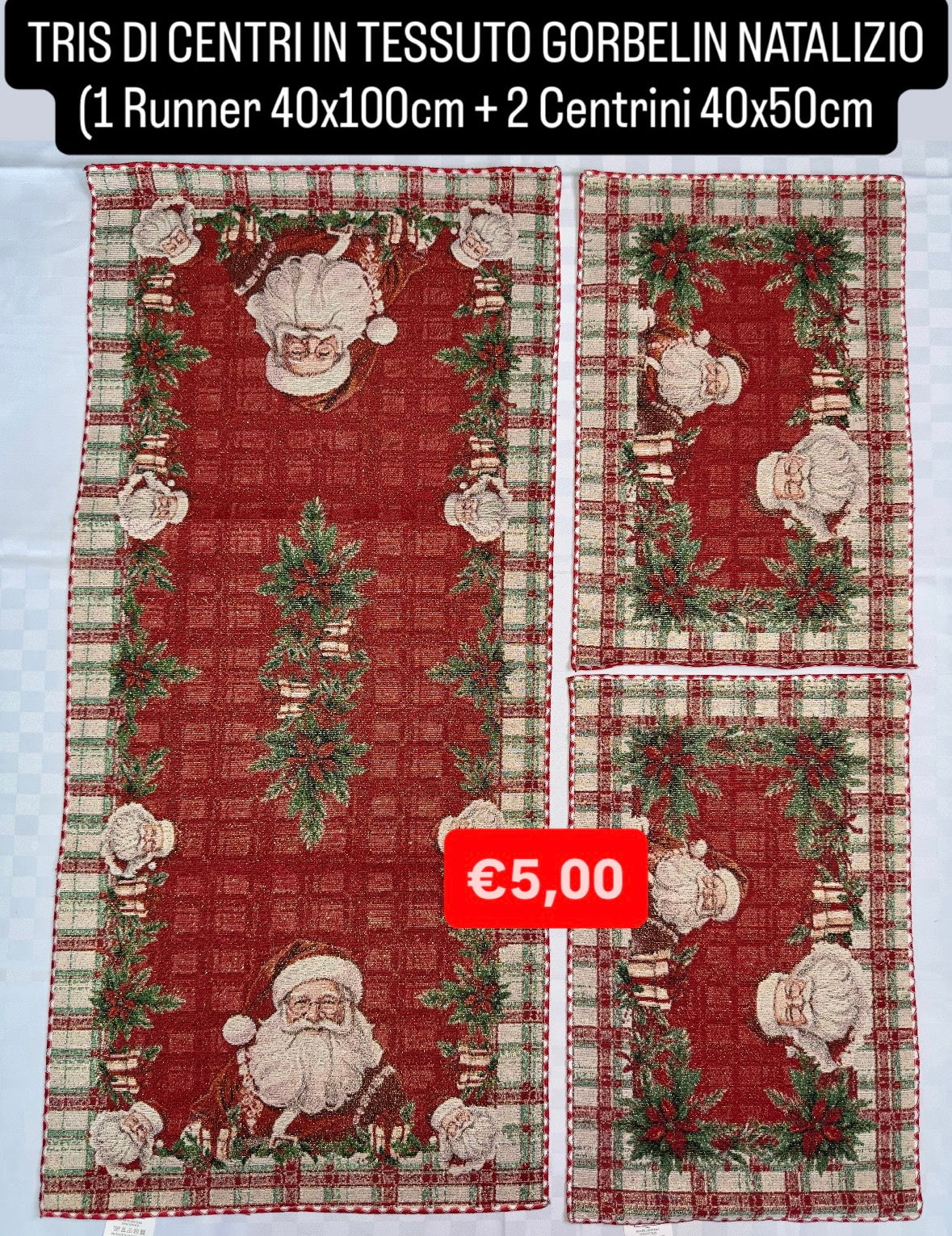 TRIS DI CENTRI NATALIZIO IN TESSUTO GORBELIN contiene 1 Runner 40x100cm e 2 Centrini 40x50cm