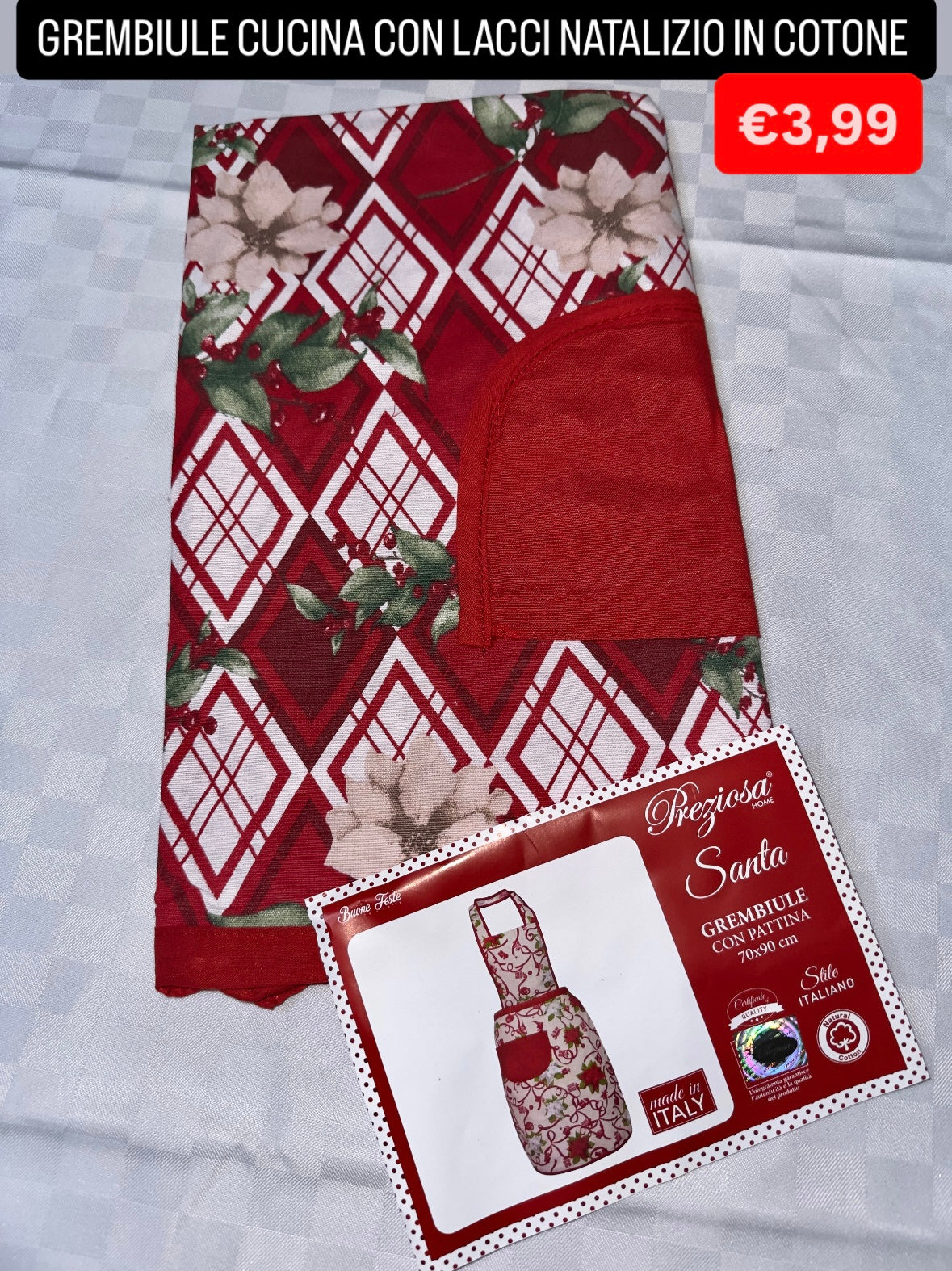 GREMBIULE CUCINA CON LACCI NATALIZIO IN COTONE