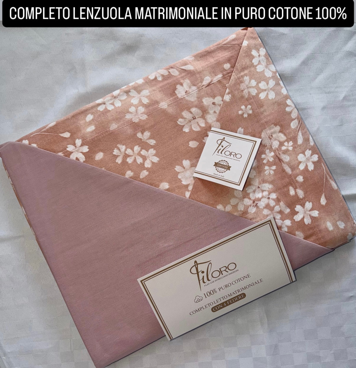 COMPLETO LENZUOLA MATRIMONIALE IN 100% PURO COTONE CON 4 FEDERE , contiene Lenzuolo sopra, Lenzuolo sotto con angoli e quattro Federe