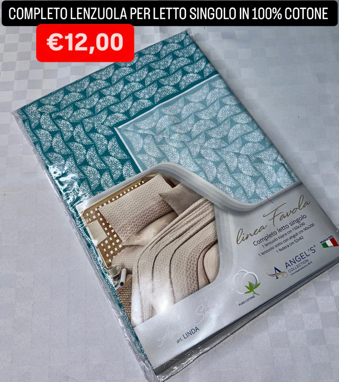 COMPLETO LENZUOLA SINGOLO IN 100% COTONE Lenzuolo sopra,Lenzuolo sotto con angoli e Federa