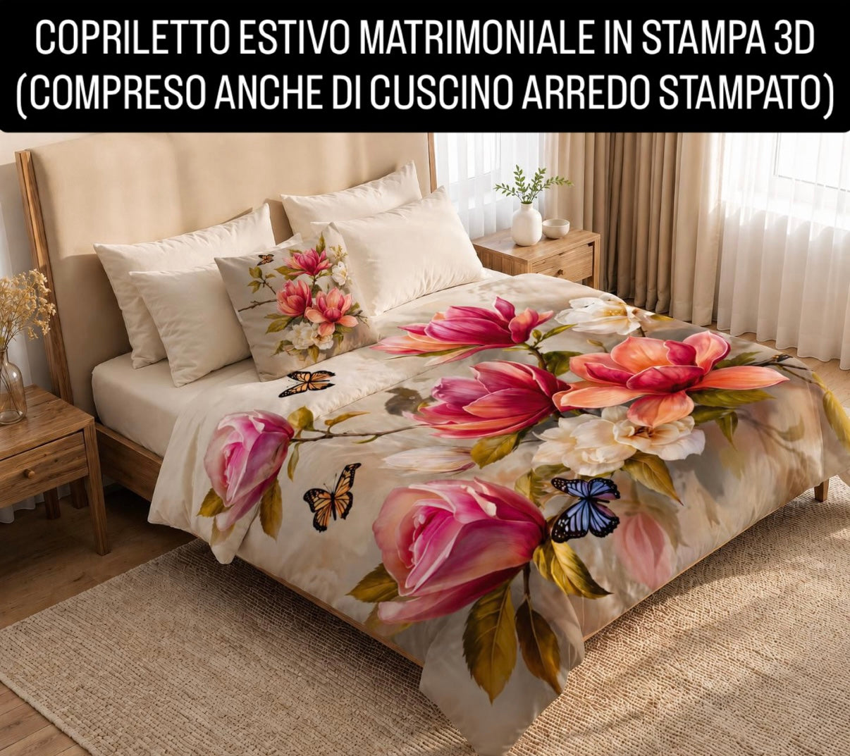 COPRILETTO ESTIVO MATRIMONIALE IN STAMPA 3D compreso anche di cuscino arredo stampato Misura 260x270cm