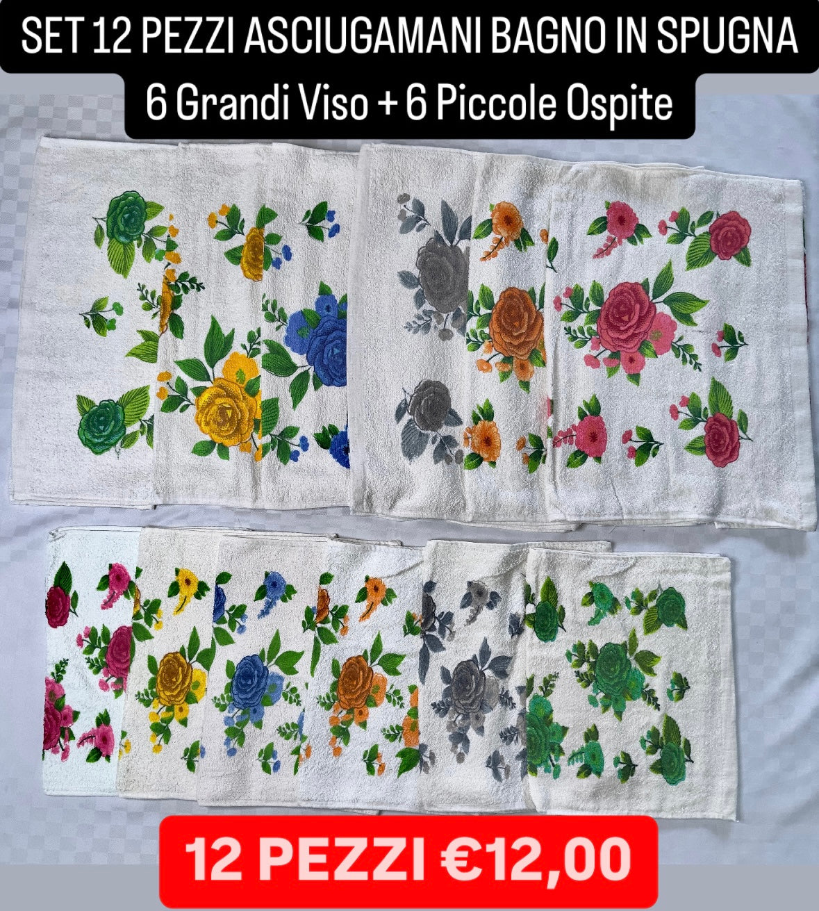 SET 12 PEZZI DI ASCIUGAMANI BAGNO IN SPUGNA 6 Grandi Viso + 6 Piccole Ospite
