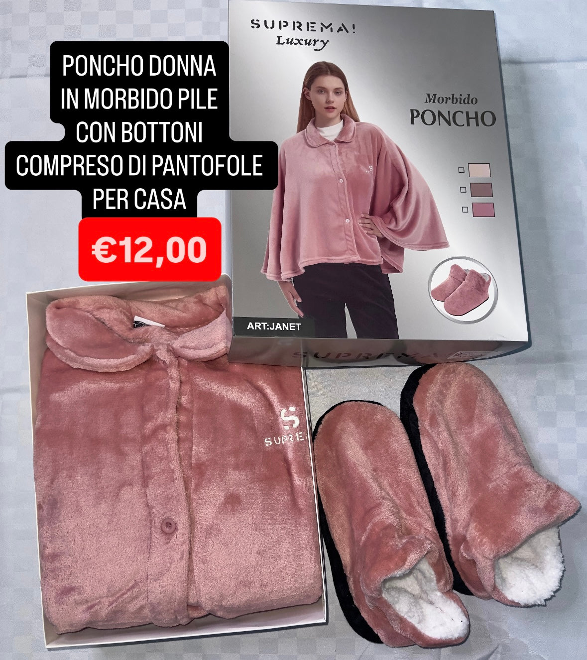 PONCHO DONNA IN MORBIDO PILE CON PANTOFOLE PER CASA (Taglia unica calza fino ad una XXL)