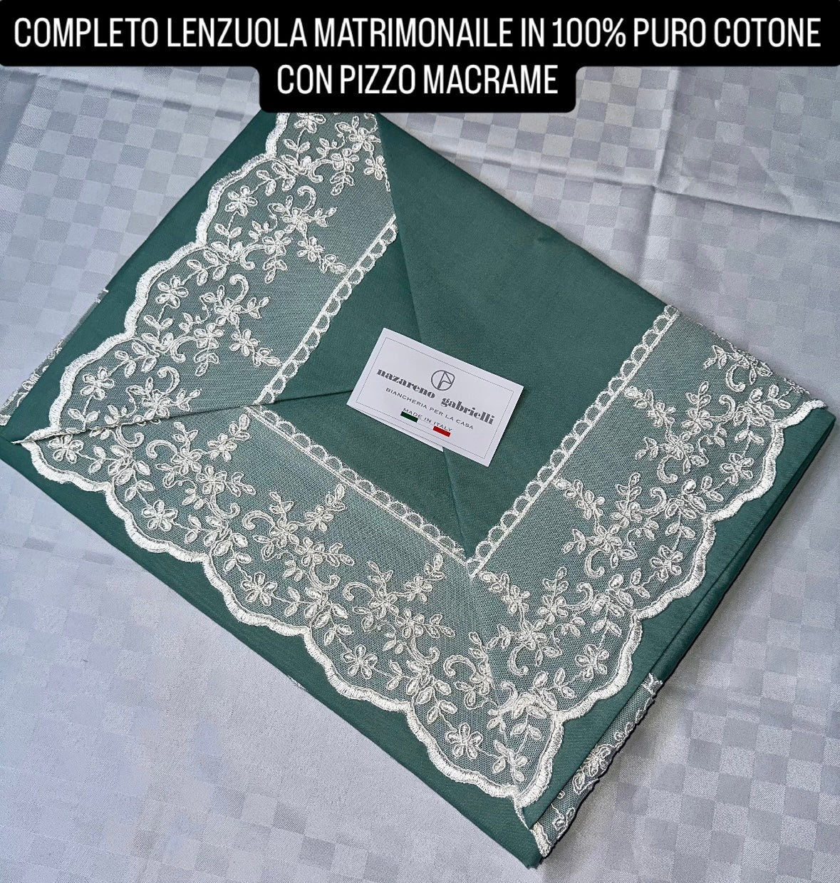 COMPLETO LENZUOLA MATRIMONIALE IN 100% PURO COTONE CON PIZZO MACRAME (Lenzuolo sopra,Lenzuolo sotto con angoli e due federe)