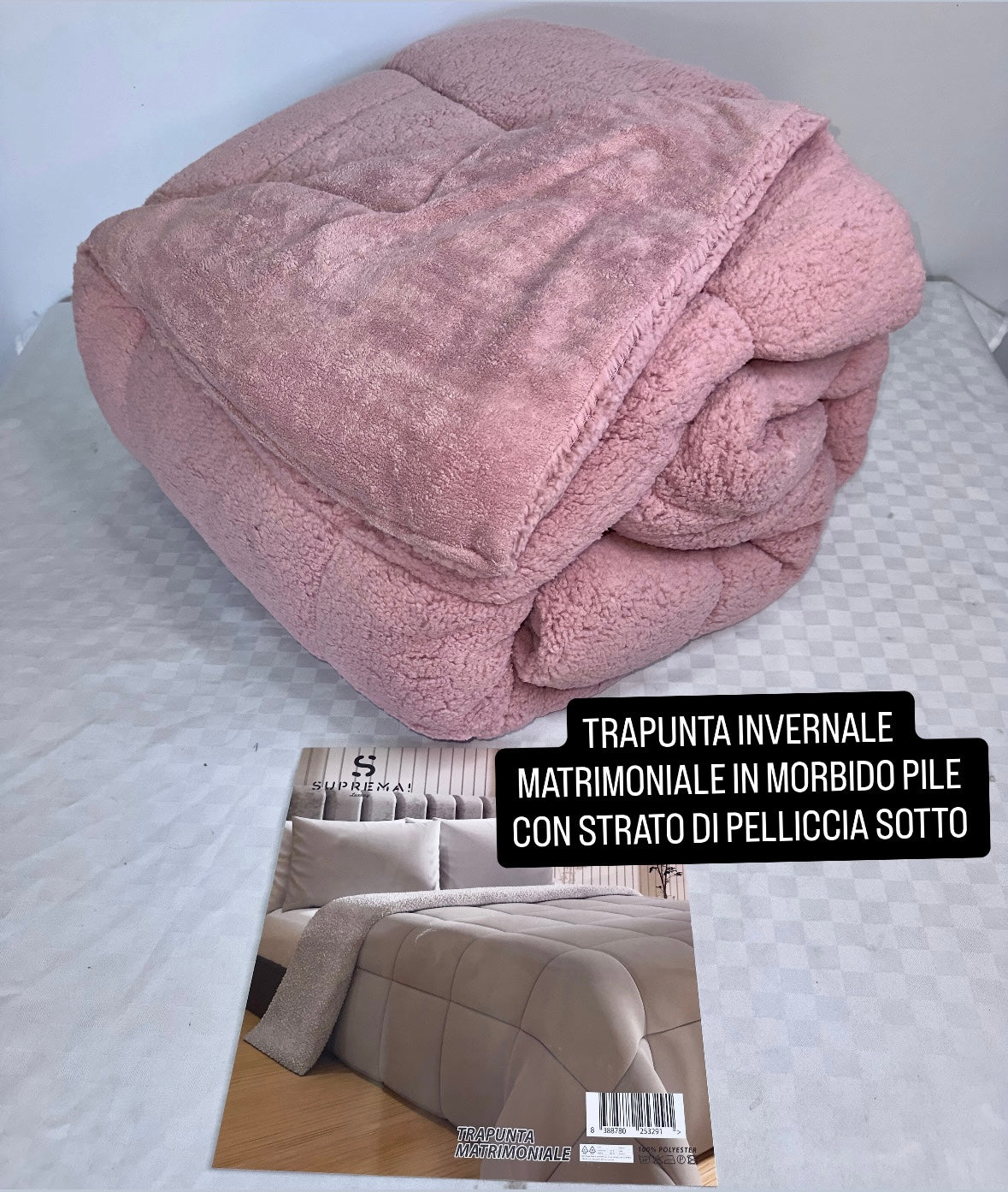TRAPUNTA INVERNALE MATRIMONIALE IN MORBIDO PILE CON STRATO DI PELLICCIA SOTTO 260x260cm