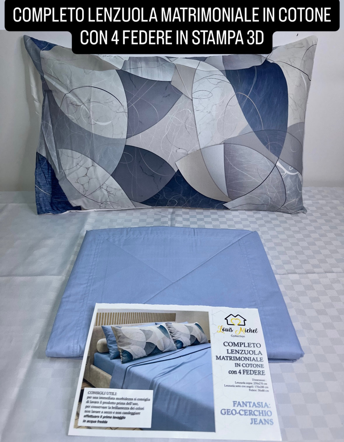 COMPLETO LENZUOLA MATRIMONIALE IN COTONE, LENZUOLO SOPRA, LENZUOLO SOTTO E 4 FEDERE IN STAMPA 3D