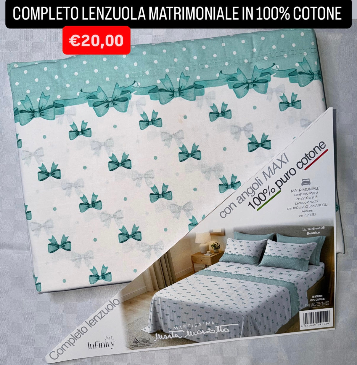 COMPLETO LENZUOLA MATRIMONIALE IN 100% COTONE , contiene Lenzuolo sopra, Lenzuolo sotto con angoli e due Federe