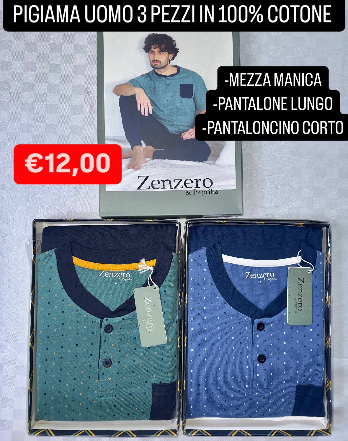 PIGIAMA UOMO 3 PEZZI IN 100% COTONE Maglia mezza manica, Pantalone lungo e Pantaloncino corto