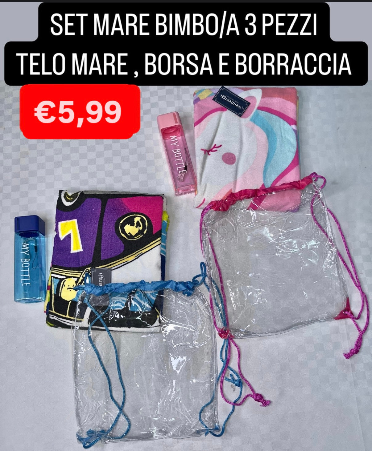 SET MARE BIMBO/A 3 PEZZI TELO MARE IN SPUGNA, BORSA E BORRACCIA