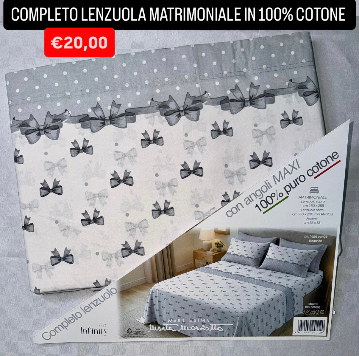 COMPLETO LENZUOLA MATRIMONIALE IN 100% COTONE , contiene Lenzuolo sopra, Lenzuolo sotto con angoli e due Federe