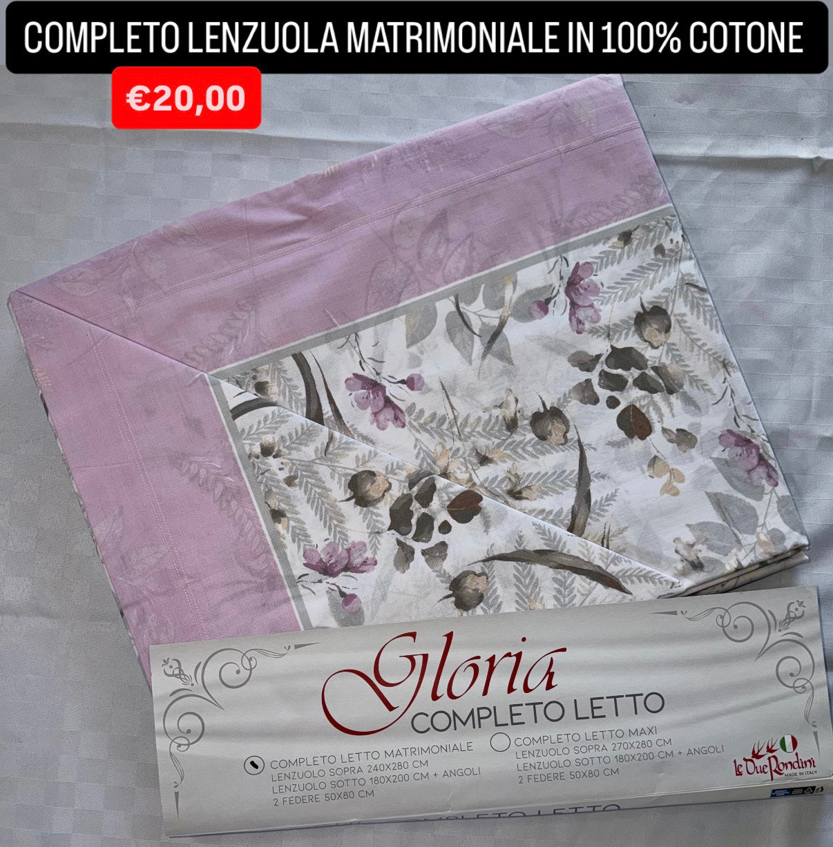 COMPLETO LENZUOLA MATRIMONIALE IN 100% COTONE , contiene Lenzuolo sopra, Lenzuolo sotto con angoli e due Federe