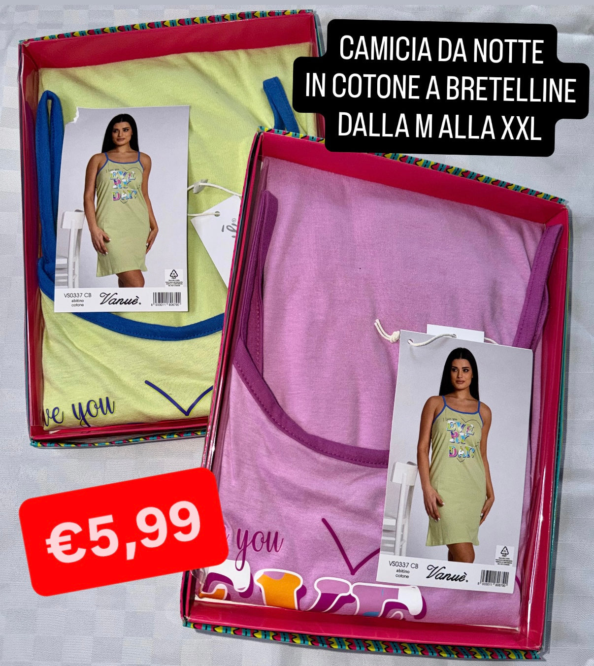 CAMICIA DA NOTTE A BRETELLINE  in 100% cotone