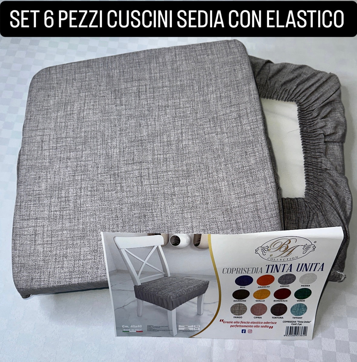 SET 6 PEZZI DI CUSCINI PER LA SEDIA CON ELASTICO 40x40cm (Sfoderabili e Lavabili)