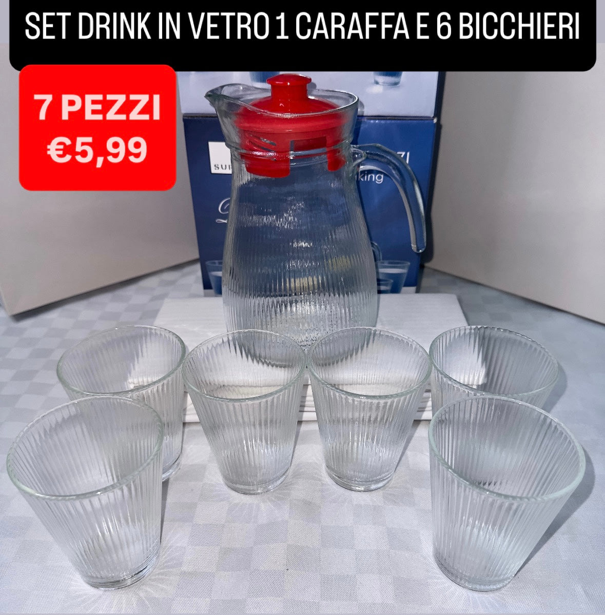 SET DRINK 1 CARAFFA E 6 BICCHIERI IN VETRO