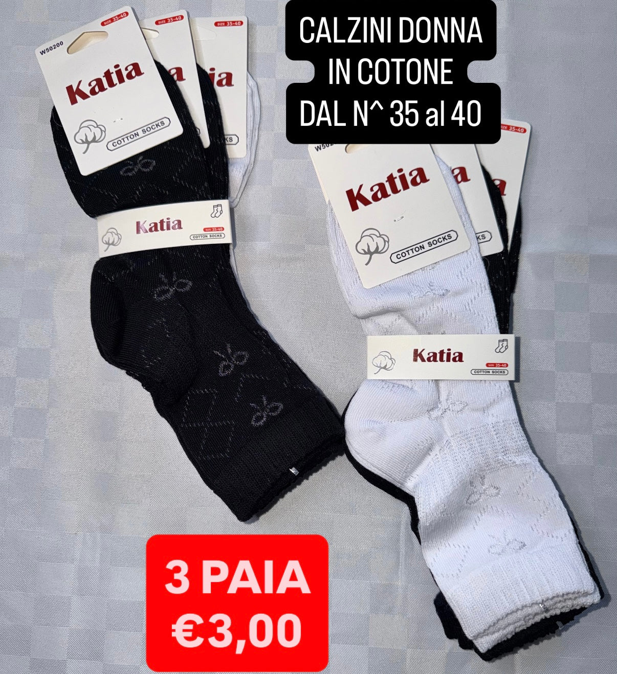 CALZINO DONNA IN COTONE CORTO Dal Numero 35 al 40,CONFEZIONE DA 3 PAIA (COLORE CASUALE)