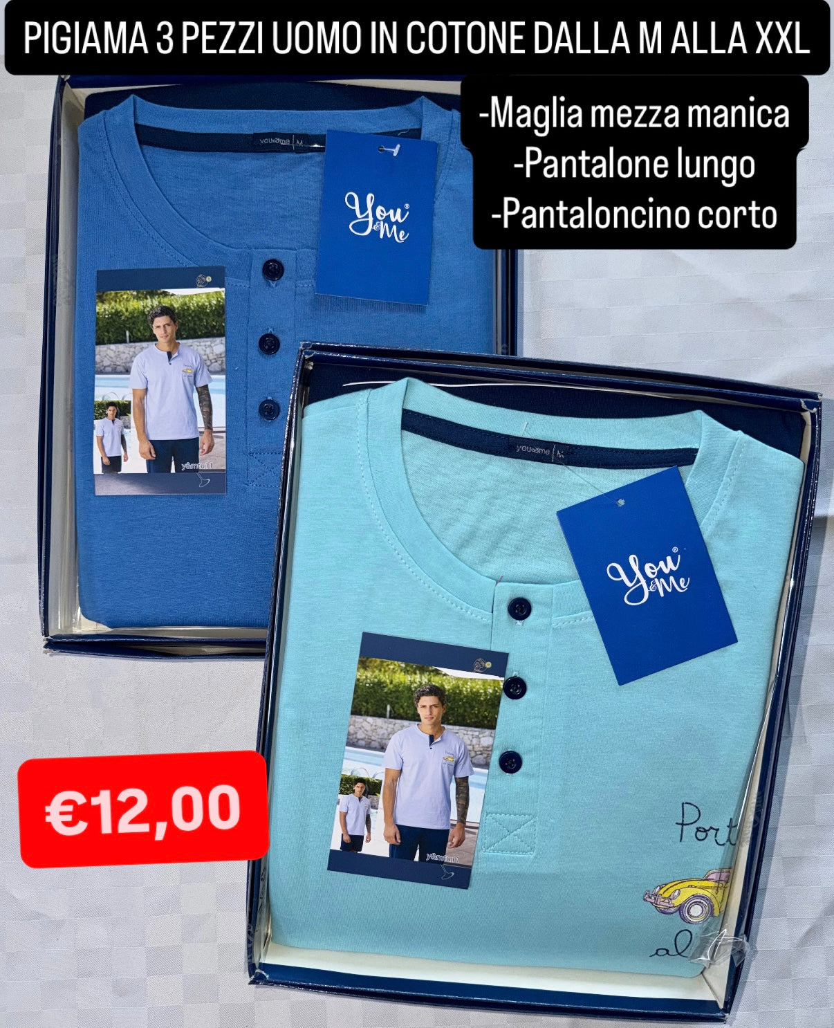 PIGIAMA UOMO 3 PEZZI IN 100% COTONE contiene Maglia mezza manica, Pantalone lungo e Pantaloncino corto