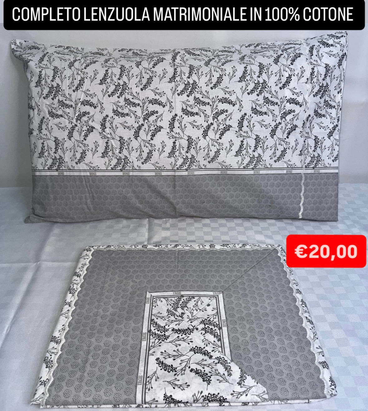 COMPLETO LENZUOLA MATRIMONIALE IN 100% COTONE Lenzuolo sopra, Lenzuolo sotto con angoli e due Federe
