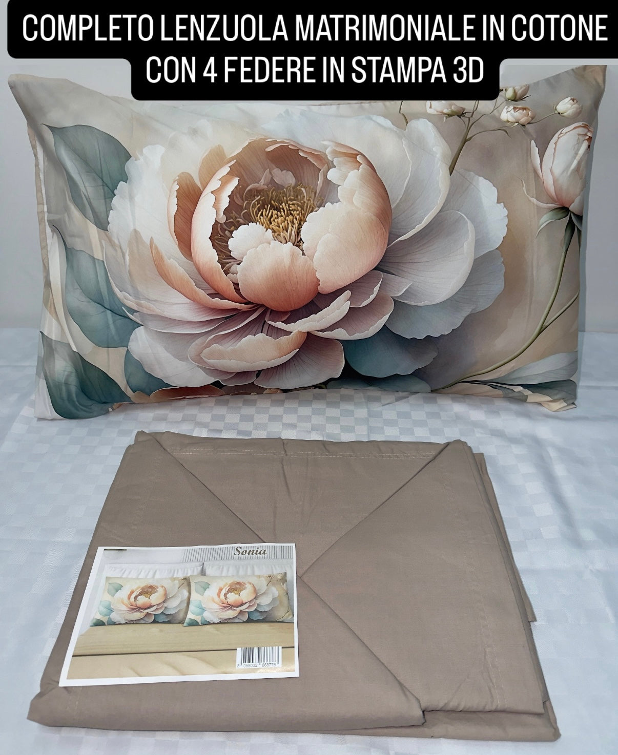 COMPLETO LENZUOLA MATRIMONIALE IN COTONE, LENZUOLO SOPRA, LENZUOLO SOTTO E 4 FEDERE IN STAMPA 3D