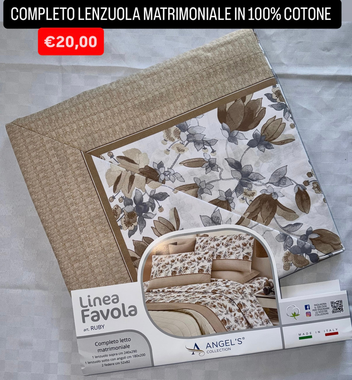 COMPLETO LENZUOLA MATRIMONIALE IN 100% COTONE , contiene Lenzuolo sopra, Lenzuolo sotto con angoli e due Federe