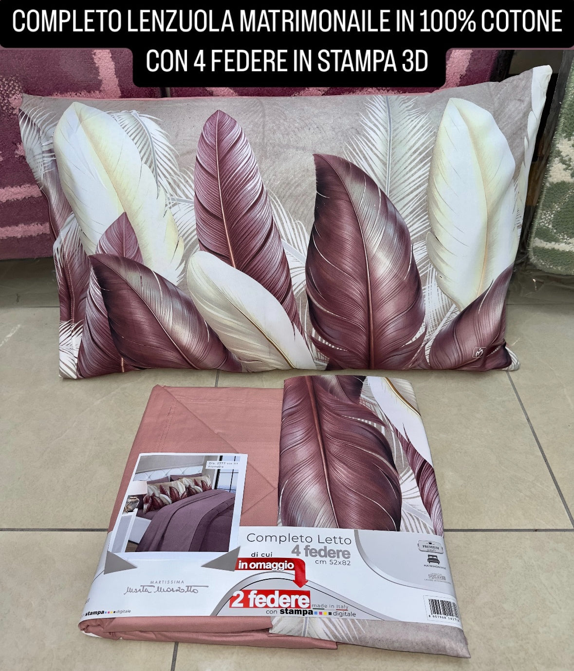 COMPLETO LENZUOLA MATRIMONIALE IN COTONE, LENZUOLO SOPRA, LENZUOLO SOTTO E 4 FEDERE IN STAMPA 3D.