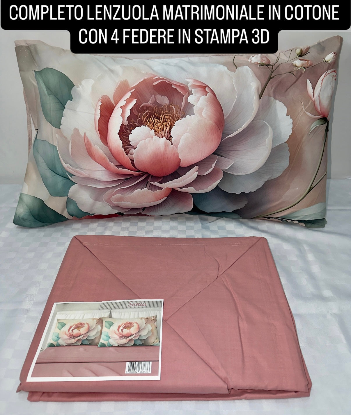 COMPLETO LENZUOLA MATRIMONIALE IN COTONE, LENZUOLO SOPRA, LENZUOLO SOTTO E 4 FEDERE IN STAMPA 3D