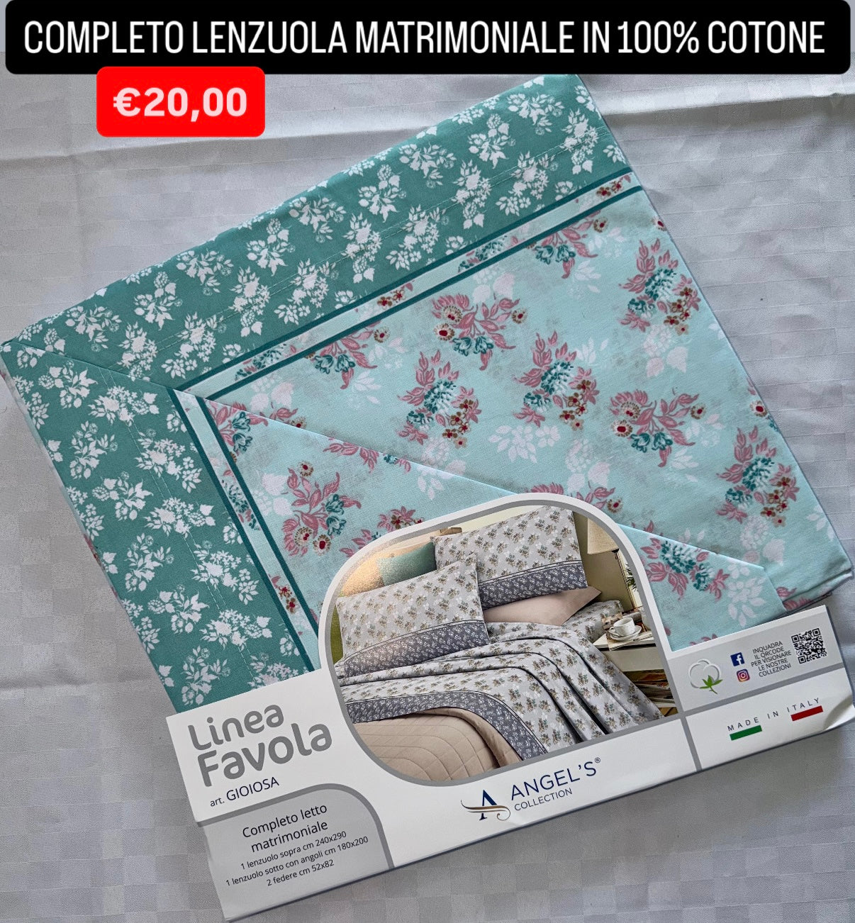 COMPLETO LENZUOLA MATRIMONIALE IN 100% COTONE , contiene Lenzuolo sopra, Lenzuolo sotto con angoli e due Federe