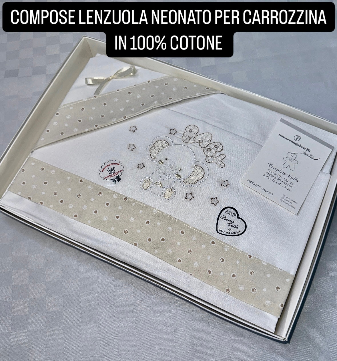 COMPOSE LENZUOLA NEONATO PER CARROZZINA IN 100% COTONE Lenzuolo sopra 90x120cm , Lenzuolo sotto con angoli 75x40cm e Federa 30x40cm