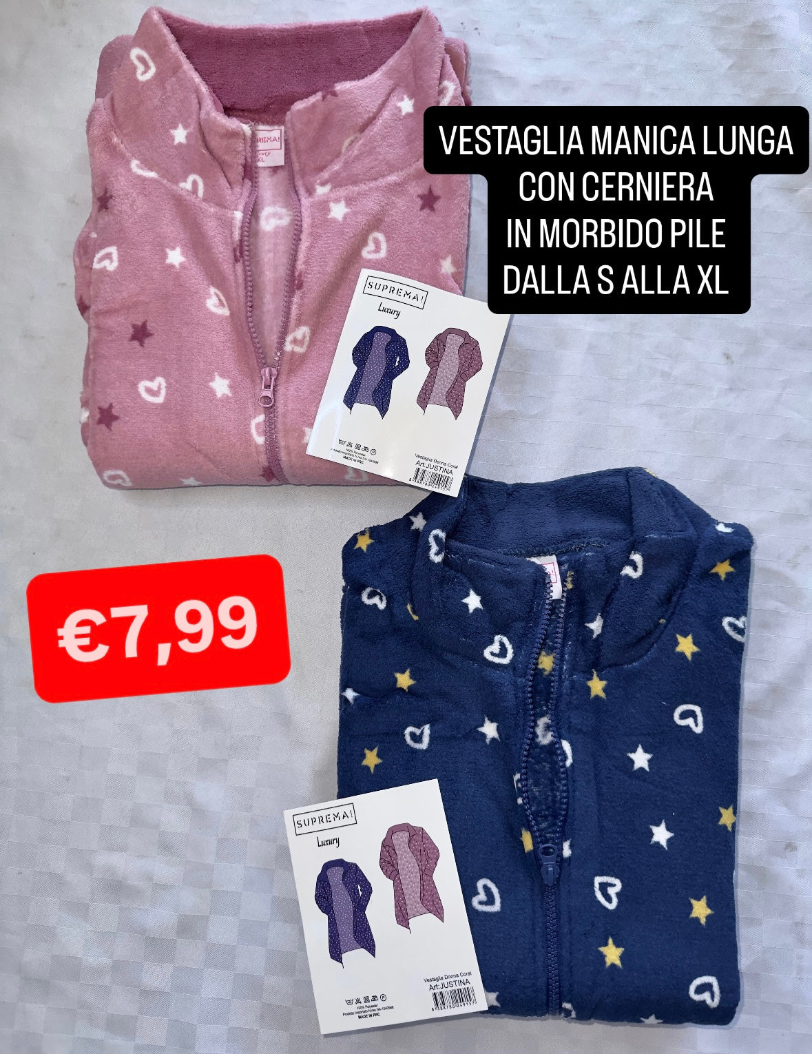 VESTAGLIA DONNA MANICA LUNGA CON CERNIERA IN MORBIDO PILE art.Justina