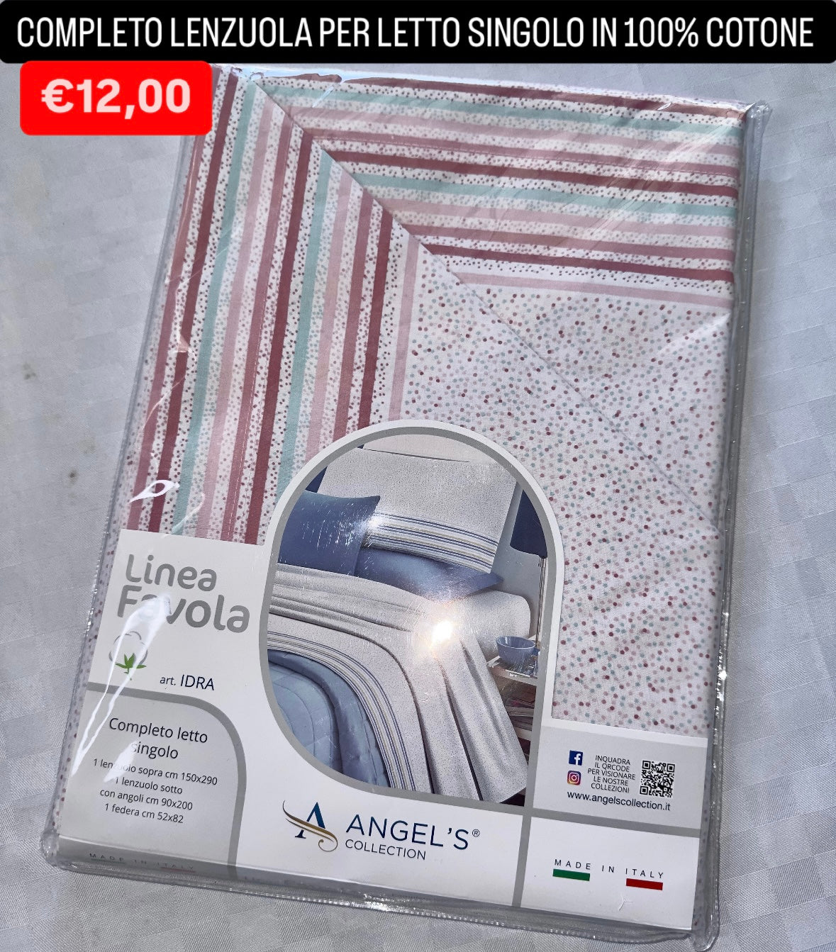 COMPLETO LENZUOLA SINGOLO IN 100% COTONE Lenzuolo sopra,Lenzuolo sotto con angoli e Federa