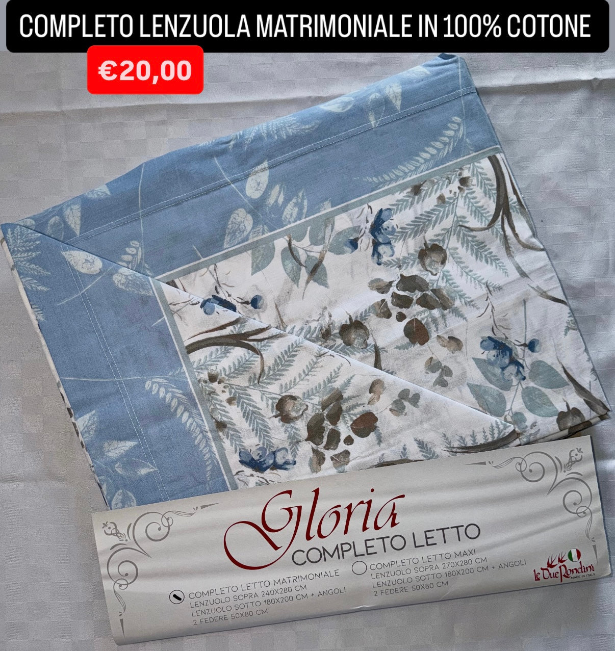 COMPLETO LENZUOLA MATRIMONIALE IN 100% COTONE , contiene Lenzuolo sopra, Lenzuolo sotto con angoli e due Federe