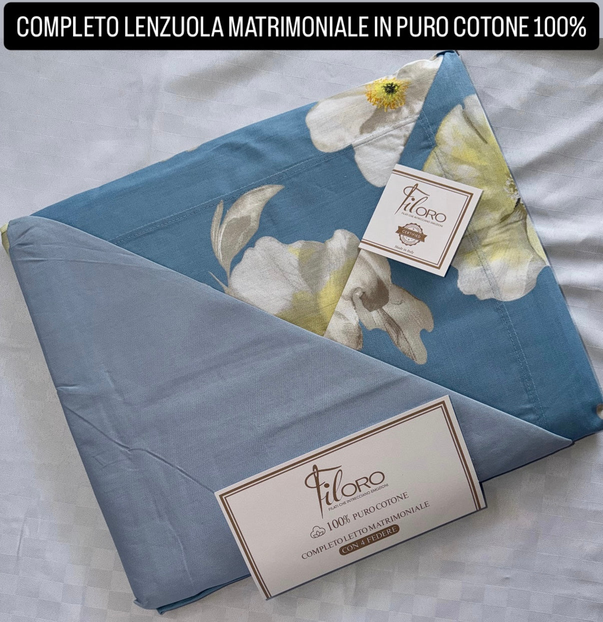 COMPLETO LENZUOLA MATRIMONIALE IN 100% PURO COTONE CON 4 FEDERE , contiene Lenzuolo sopra, Lenzuolo sotto con angoli e quattro Federe