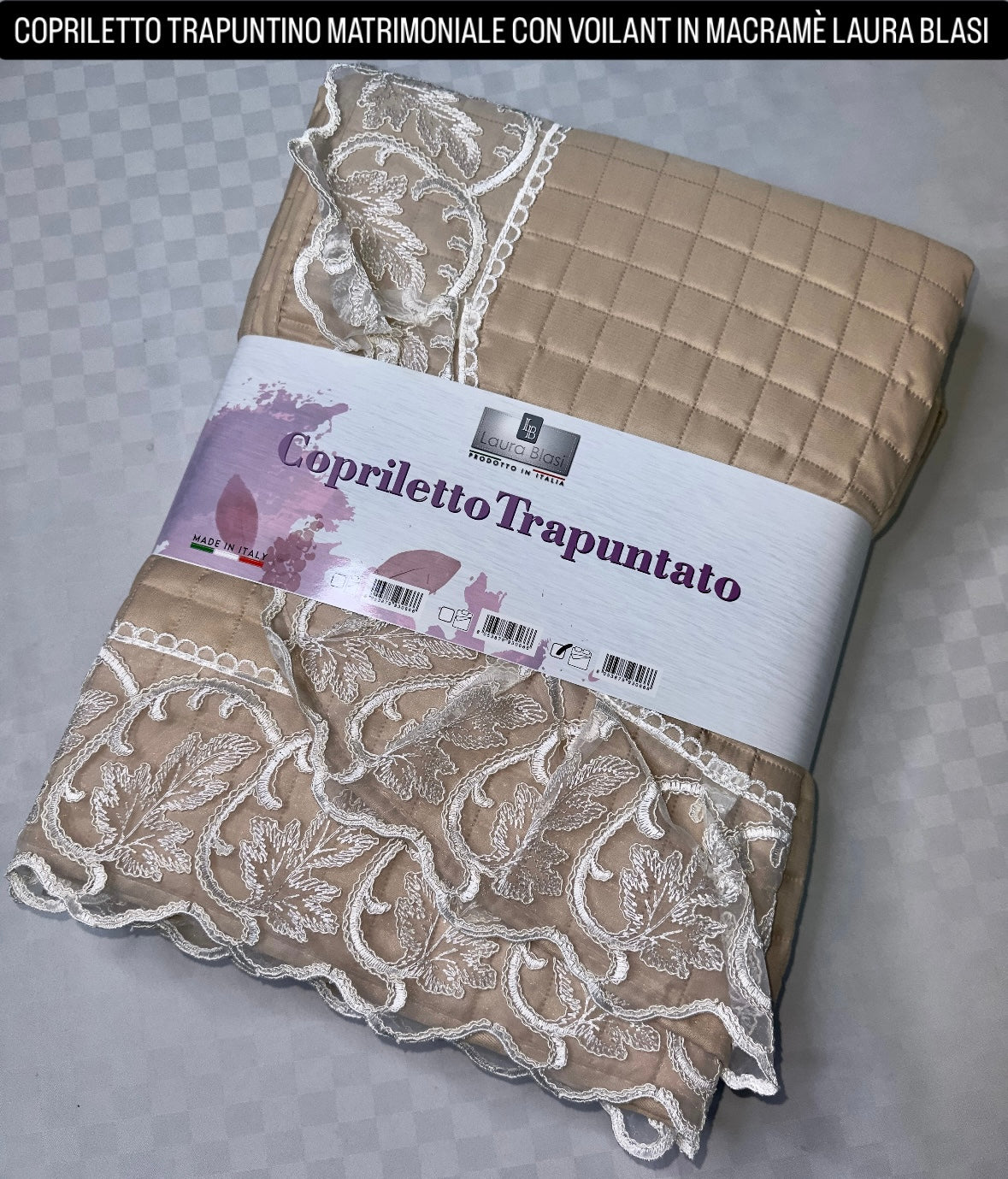COPRILETTO TRAPUNTINO MATRIMONIALE CON VOILANT IN MACRAMÈ LAURA BLASI 260x260cm.