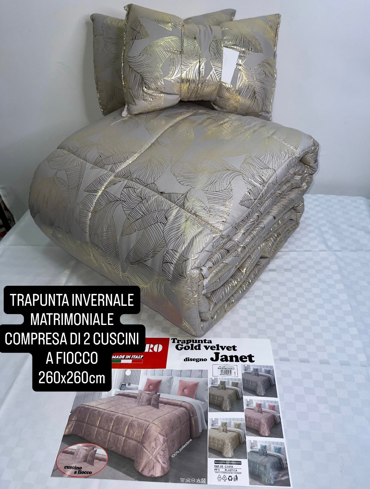 TRAPUNTA INVERNALE MATRIMONIALE COMPRESA DI 2 CUSCINI A FIOCCO misura 260x260cm