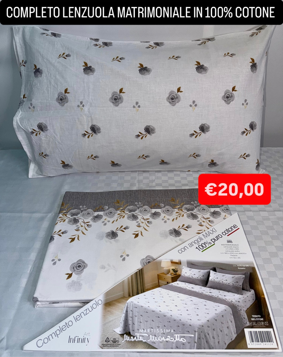 COMPLETO LENZUOLA MATRIMONIALE IN 100% COTONE , contiene Lenzuolo sopra, Lenzuolo sotto con angoli e due Federe