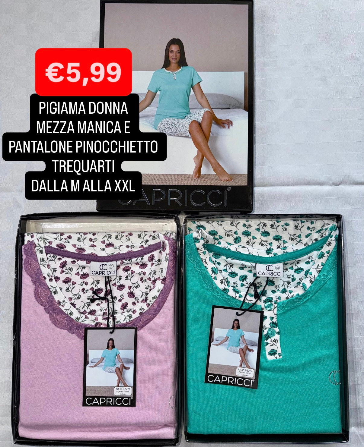 PIGIAMA DONNA Mezza manica e Pantalone pinocchietto trequarti in 100% cotone