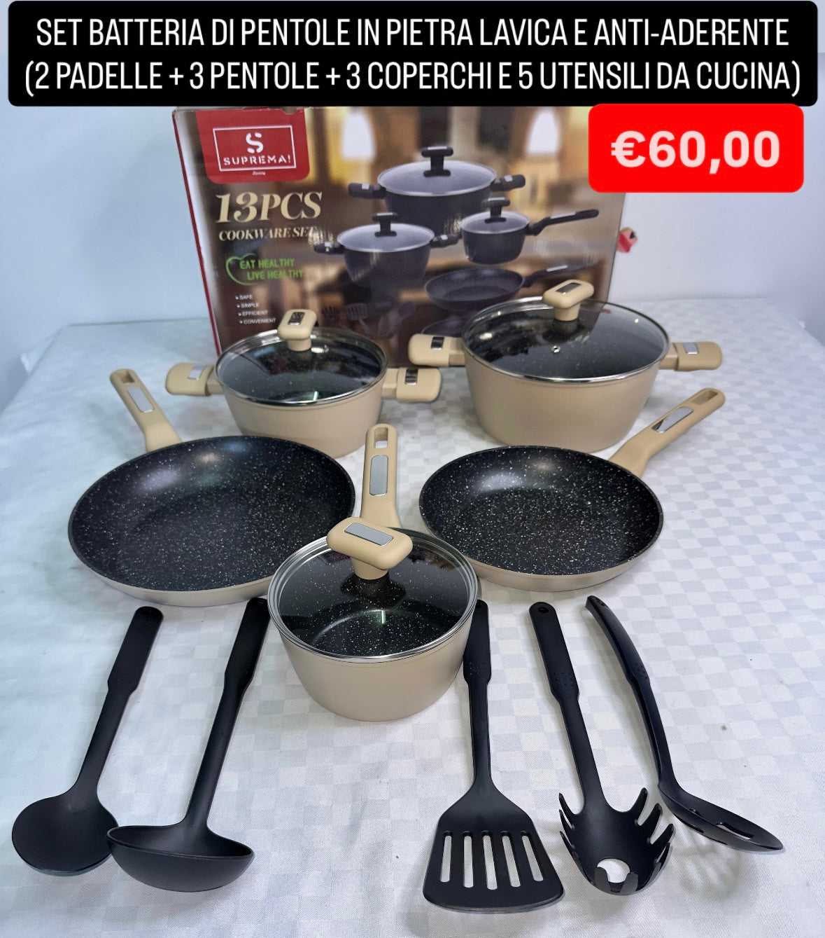 BATTERIA DI PENTOLE IN PIETRA LAVICA E ANTI-ADERENTE contiene 2 Padelle , 3 Pentole , 3 Coperchi e 5 Utensili da Cucina