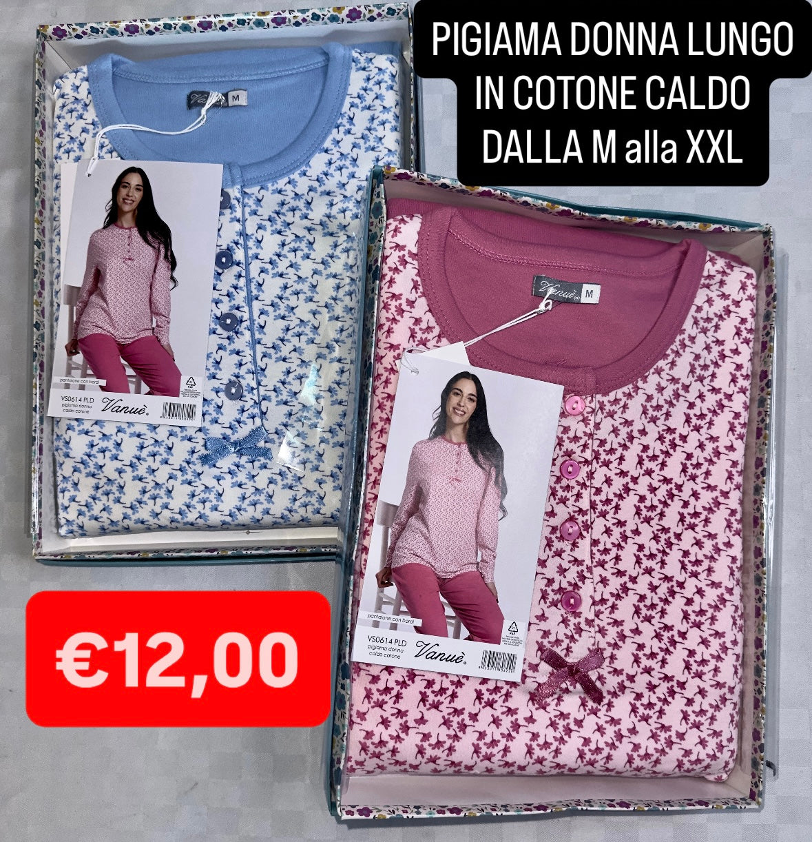 PIGIAMA DONNA IN COTONE CALDO MANICA LUNGA E PANTALONE LUNGO